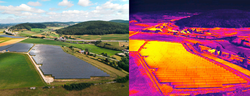 Bild 13 Drohnen erfassen auch große Anlagen schnell und aus beliebiger Perspektive. So lassen sich auch Freiflächenanlagen in relativ kurzer Zeit thermografisch erfassen und dokumentieren.