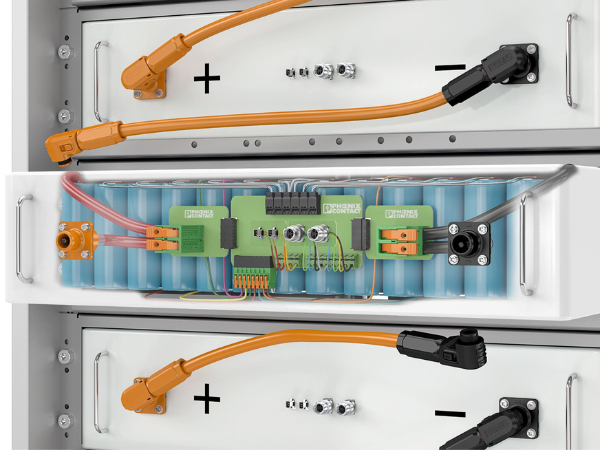 Bild 3 Die Batteriemodule innerhalb eines Energiespeichersystems benötigen Anschlusstechnik für die Leistung, Signale und Daten.
