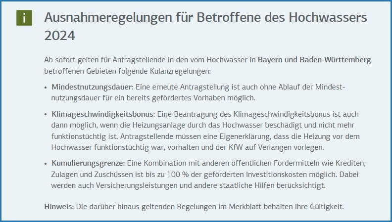 Hinweis vom 25.06.2024 zu den Ausnahmeregelungen für Betroffene des Hochwassers 2024 auf www.kfw.de/458