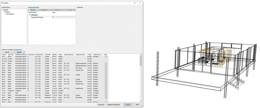 Biild 11 Über einen Listenbereich sind nach der Berechnung die wichtigsten Informationen zu sämtlichen Räumen und Bauteilen einsehbar.