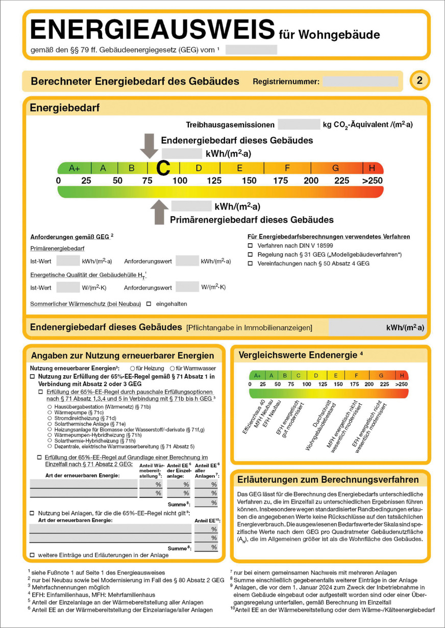 Bild 2 Energieausweis-Muster nach dem geänderten Gebäudeenergiegesetz vom 16. Oktober 2023. Viele der aufwendig berechneten Werte spiegeln nicht die reale Nutzung wider und die Hauptanforderung ist nur noch scheinbar frei zu optimieren.