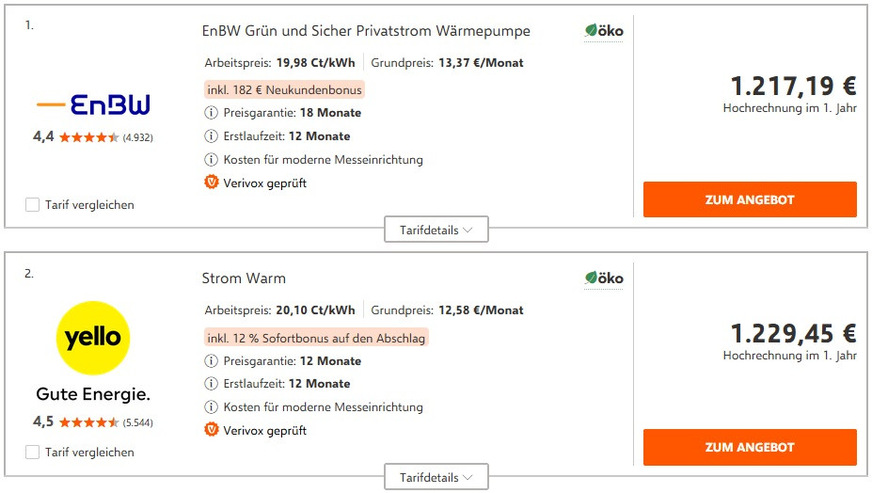 Preisrecherche auf Verivox.de für eine Netzentnahme von 6200 kWh/a Wärmepumpenstrom über einen separaten Zähler (Inbetriebnahme der Wärmepumpe vor 2024). Aus dem Mittelwert der zwei günstigsten Angebote wurde unter Berücksichtigung der Boni bzw. mit „Hochrechnung im 1. Jahr“ der Referenzpreis (hier für 42897 Remscheid) ermittelt und mit dem Preisblatt der Strom-Netzbetreibers (hier EWR GmbH) auf den Anwendungsfall Modul 2 übertragen.