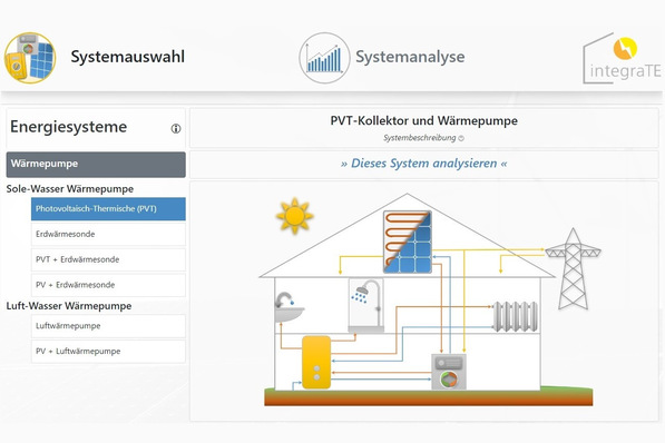© Screenshot: heatpumpsystems.isfh.de Bild 1 Startbildschirm des Wärmepumpen-Vergleichstools. Über die „Systemauswahl“ und den Link „Dieses System analysieren“ kann der Anwender zwischen verschiedenen Energiesystemen hin- und herspringen und energetische und wirtschaftliche Kenndaten analysieren.