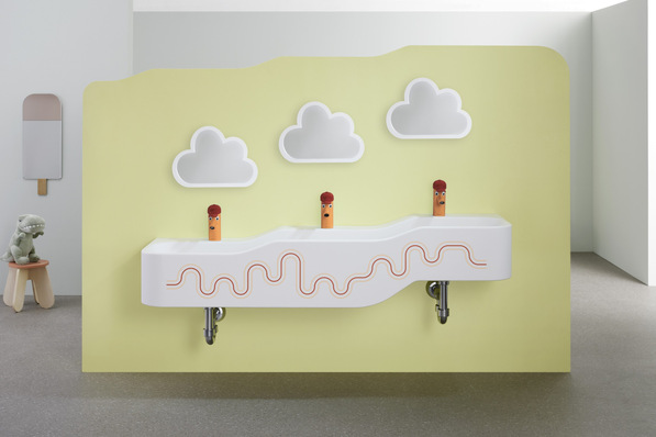 © Geberit Bild 1 Mit farbig abgestimmten Waschlandschaften, Armaturen und weiteren Accessoires lassen sich kindgerechte Einrichtungskonzepte auch in den Sanitärräumen konsequent umsetzen.