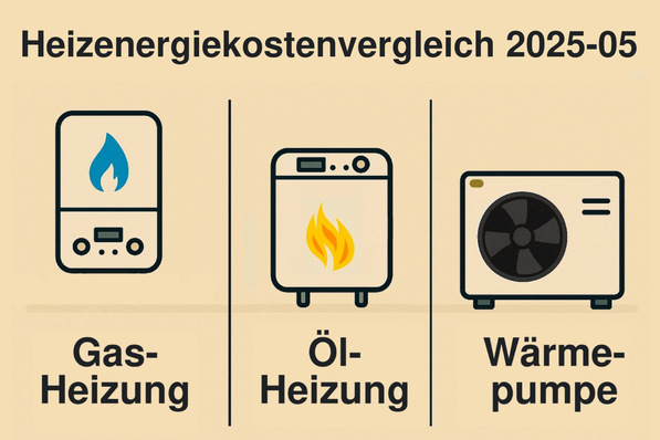 Optimierter Alt-Text: „Vergleichende Infografik der Heizenergiekosten im Mai 2025 für Gasheizung, Ölheizung und Wärmepumpe; Berücksichtigung Energiepreise, CO₂-Bepreisung und Betriebskosten als Entscheidungsgrundlage für TGA-Planer und Gebäudetechniker.“. - © FV