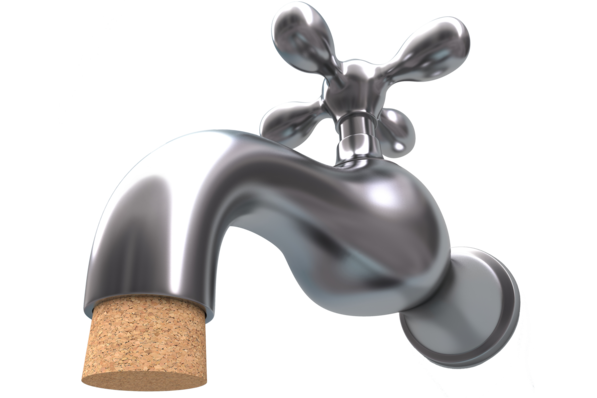 Ein metallischer Wasserhahn mit einem Korken, der den Auslauf verstopft und den Wasserfluss verhindert. - © ktsdesign - stock.adobe.com