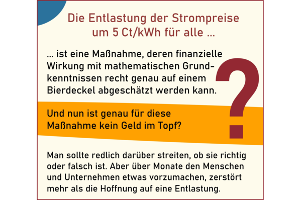 Infografik zum Thema Strompreiserleichterung, finanzielle Auswirkungen und eine Frage zur fehlenden Finanzierung. - © JV