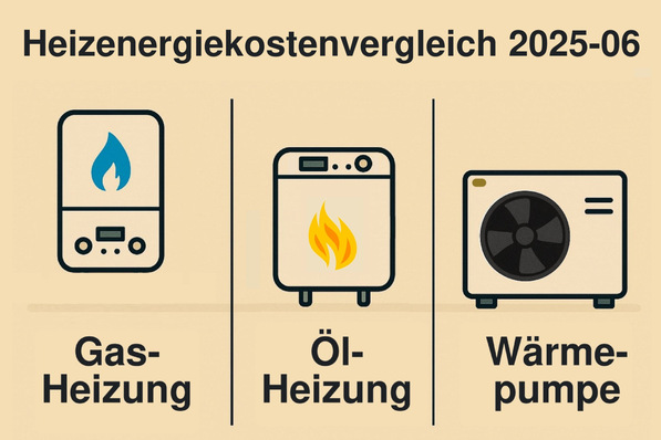 Infografik vergleicht Gas-Heizung, Öl-Heizung und Wärmepumpe für Heizenergiekosten im Juni 2025. - © FV