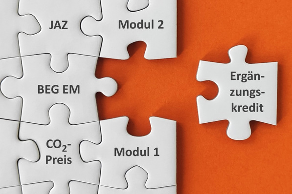 Weiße Puzzlestücke mit deutschen Begriffen; ein Stück mit der Aufschrift "Ergänzungskredit" ist auf orangefarbenem Hintergrund abgesetzt. - © JV / ytemha34 – stock.adobe.com